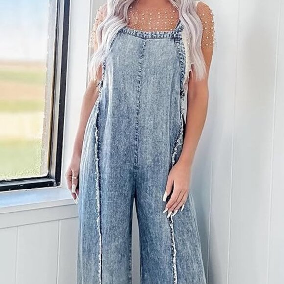 Frayed Wide Leg Adjustable Strap Overalls - Picture 1 of 3